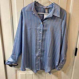 Women's H&M Blue & White Striped Button Up Boyfriend Shirt L
